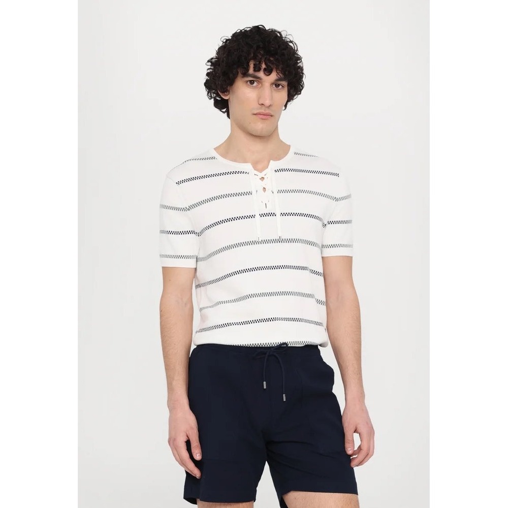 Ron Dorff Mens White Navy Blue Fisherman Stripe Lace Up Cotton Knit Sweater‎ S